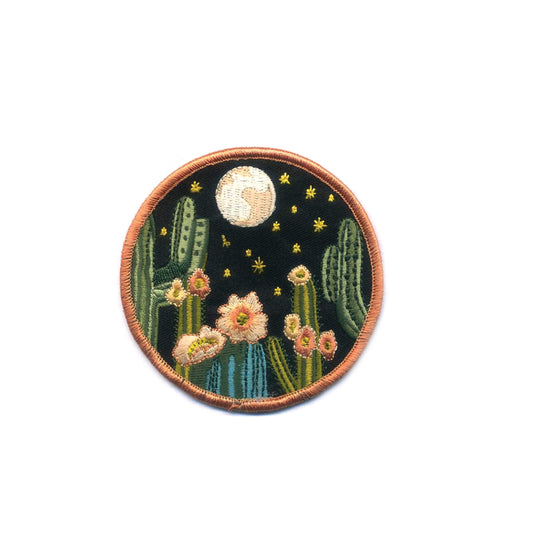 Intricate Night Cactus embroidered iron-on patch featuring a cactus under a starry night sky, perfect for adding a desert-inspired touch to jackets, bags, or hats.