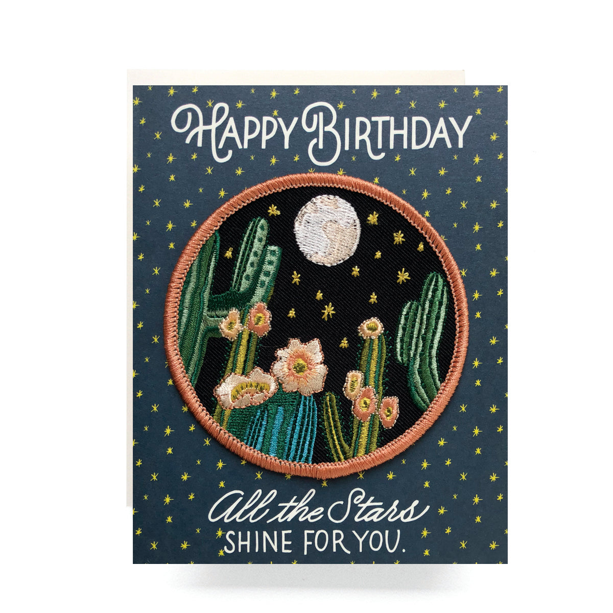 Stylish birthday card with an iron-on night cactus patch, showcasing cacti under a starry sky, perfect for a desert-themed celebration.