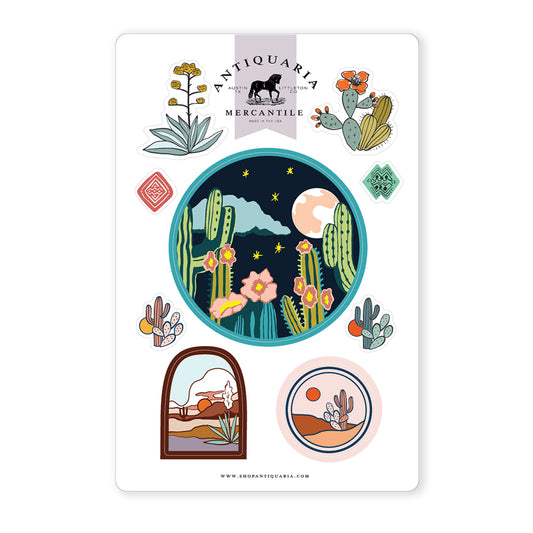 Desert-themed stickers featuring vibrant illustrations of cacti and landscapes. celebrating the beauty of the natural world; perfect for decorating journals, scrapbooks or craft projects.