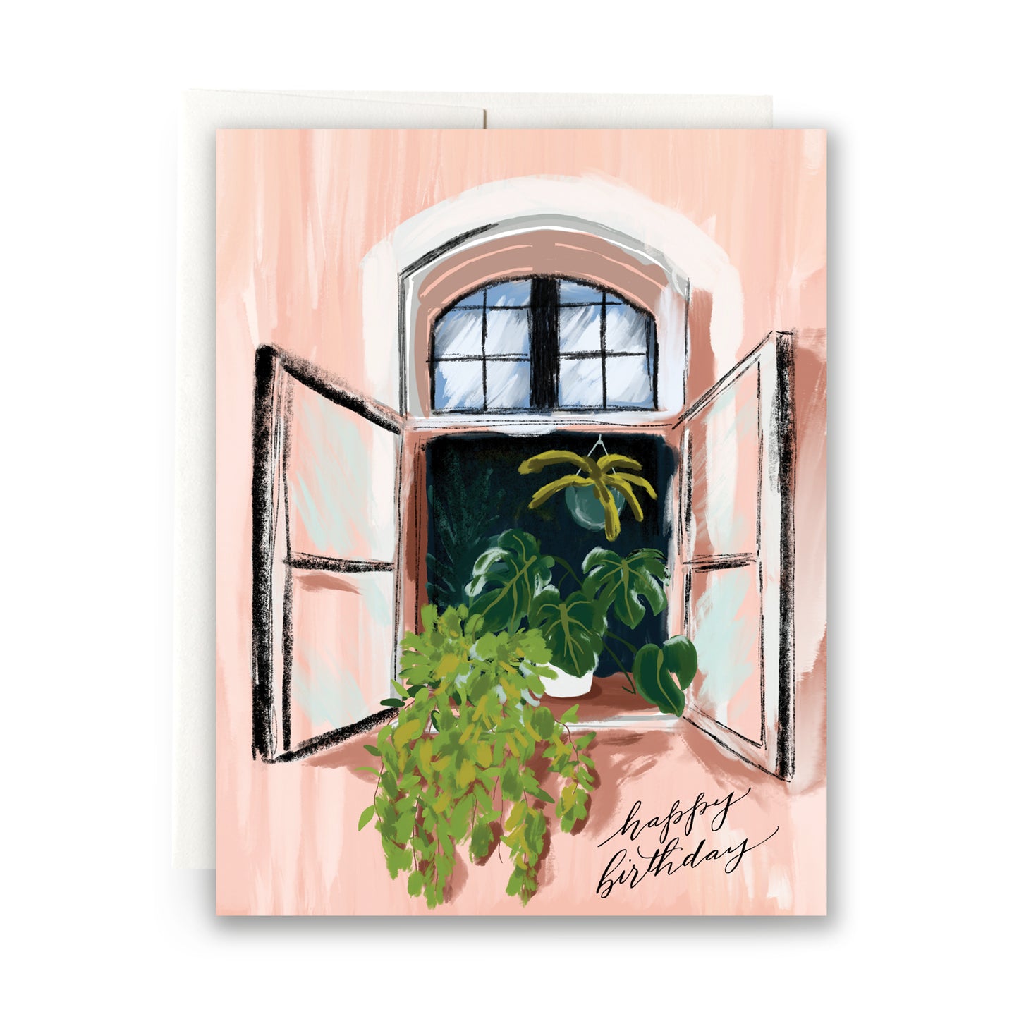 Charming birthday card with an open window full of house plants, capturing the cozy feeling of home and nature’s beauty.