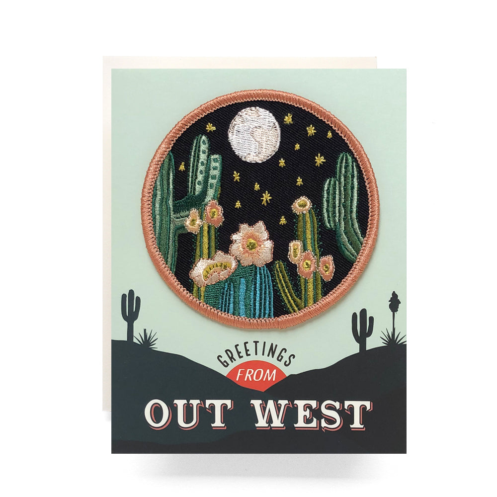 Out West Patch Card with night cactus illustration and removable iron-on patch, perfect for desert lovers and collectors