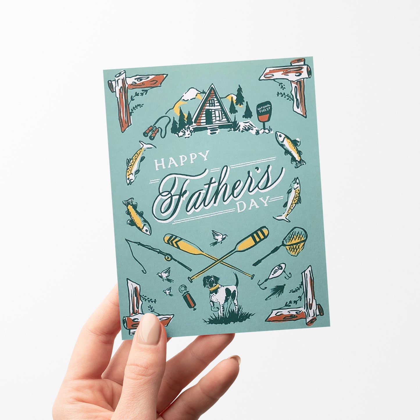 Outdoorsman Father's Day card celebrating dads who love outdoor adventures, with a rugged nature theme.