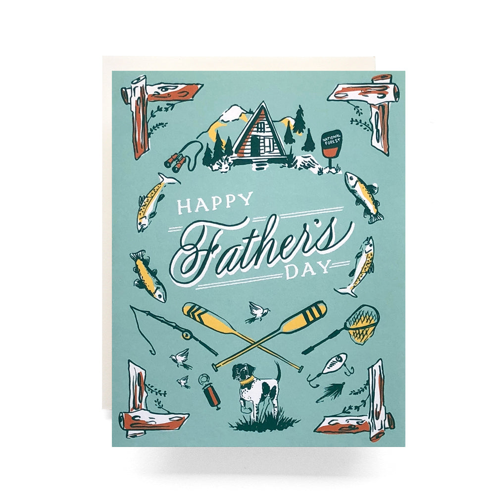 Outdoorsman Father's Day card celebrating dads who love outdoor adventures, with a rugged nature theme.