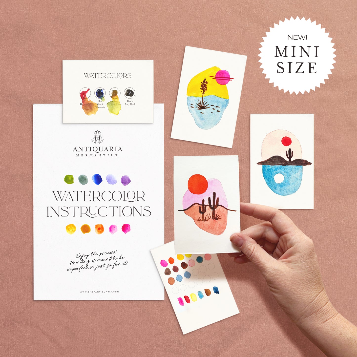 Mini watercolor cards with 'Antiquaria Mercantile' branding on a pink background