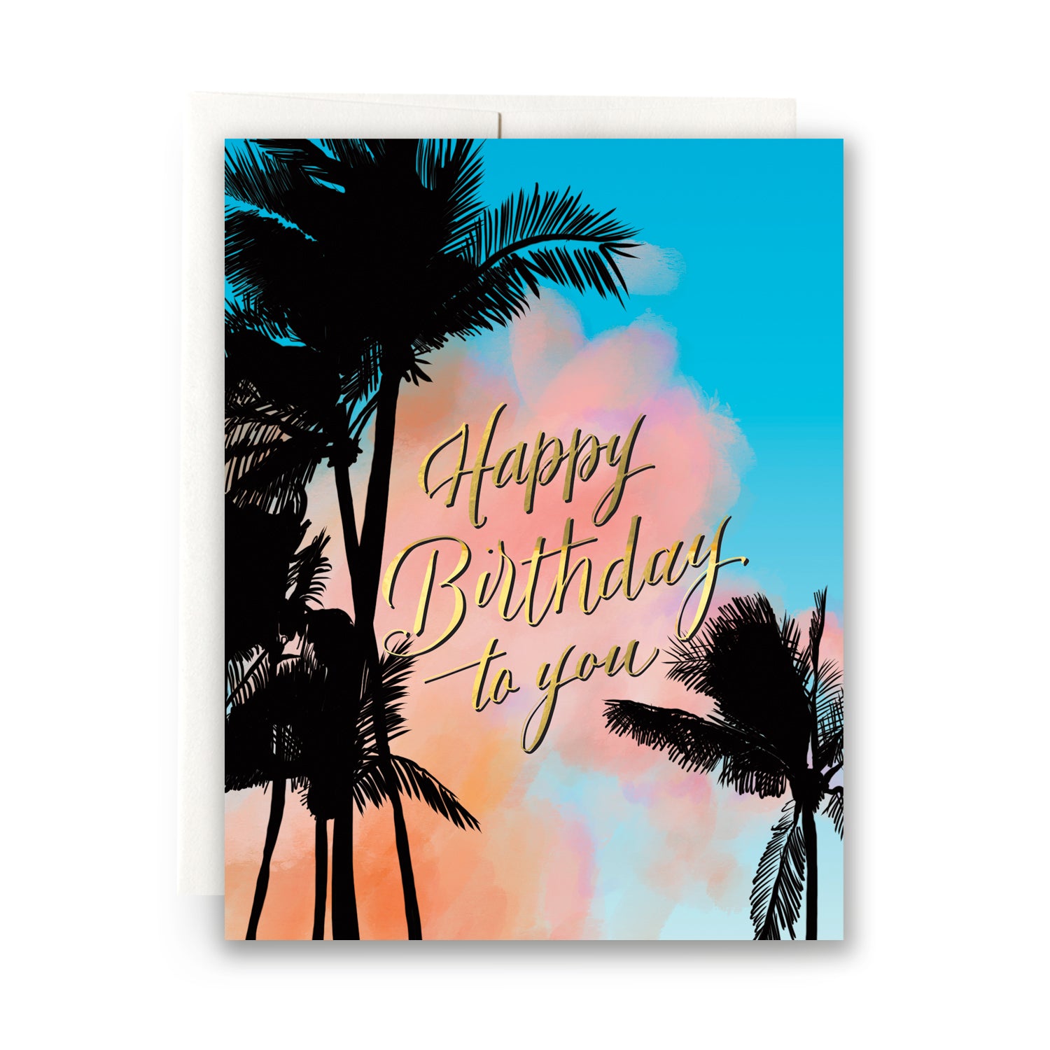 Tropical birthday card featuring lush palm leaves and vibrant sunset, capturing the essence of a beachside celebration.