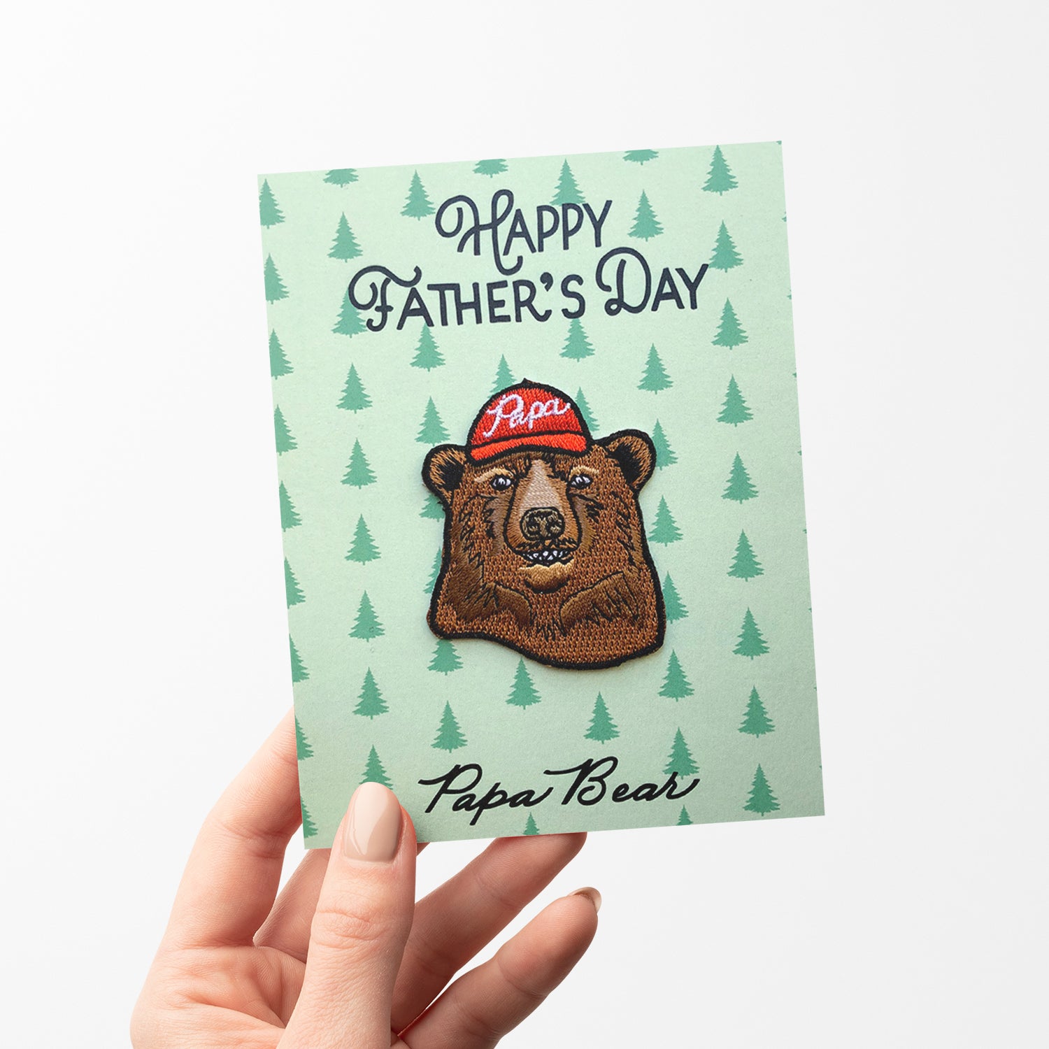 Papa Bear Father's Day card with an iron-on patch of a bear, ideal for honoring dads with a fun and memorable patch.