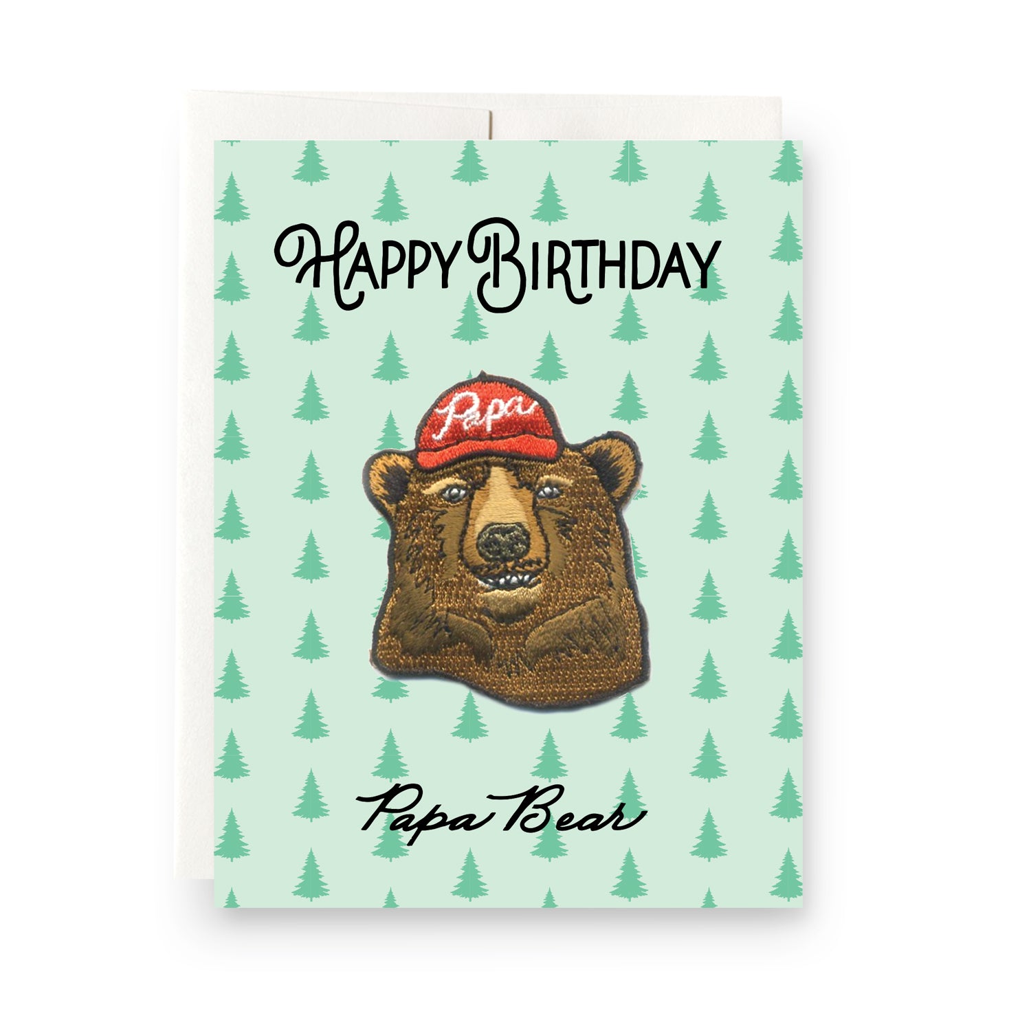 Warm birthday card featuring an iron-on 'Papa Bear' patch, celebrating dads with bear imagery and a rustic feel.