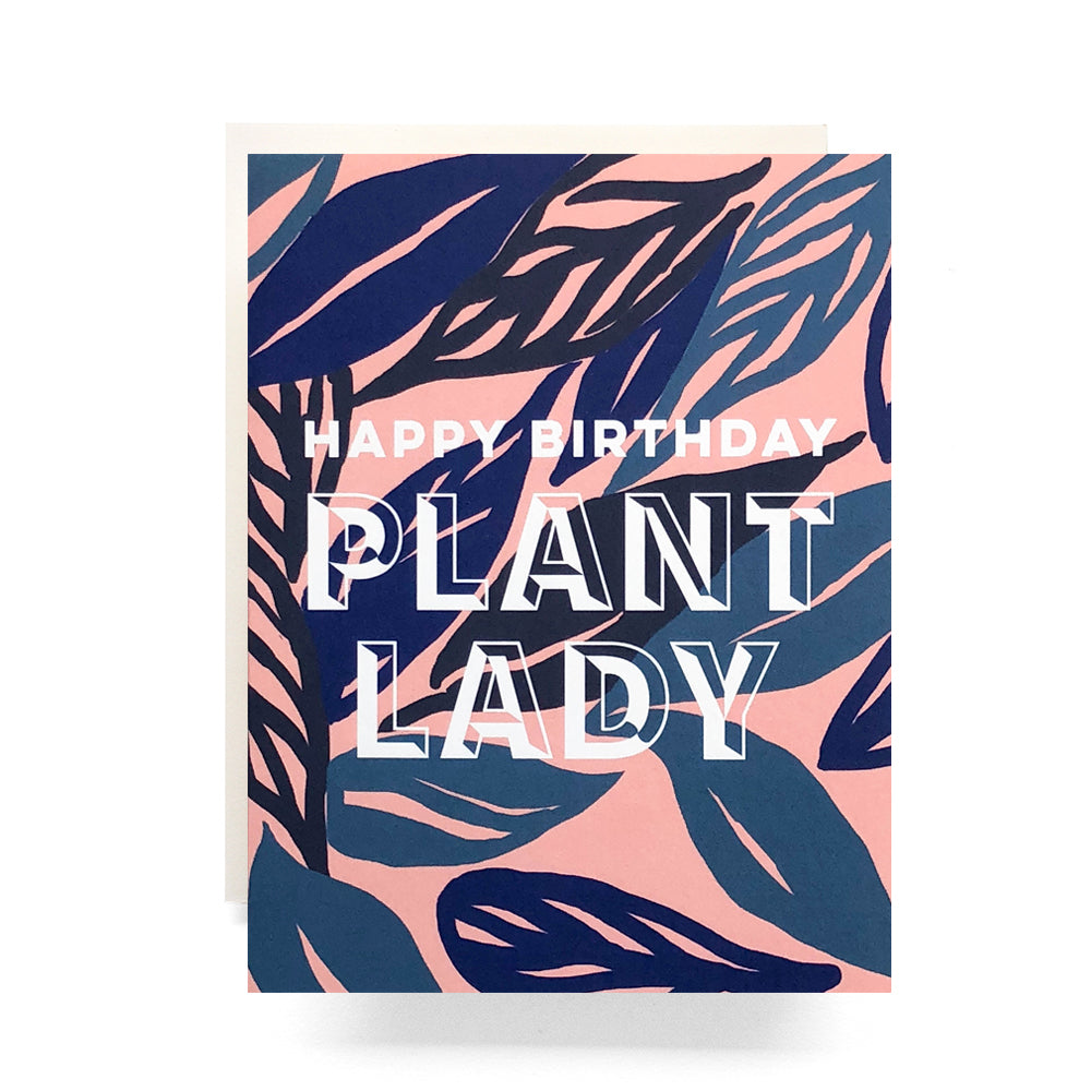 Charming birthday card dedicated to plant lovers, with blue leaves on a pink background and playful typography celebrating a green thumb