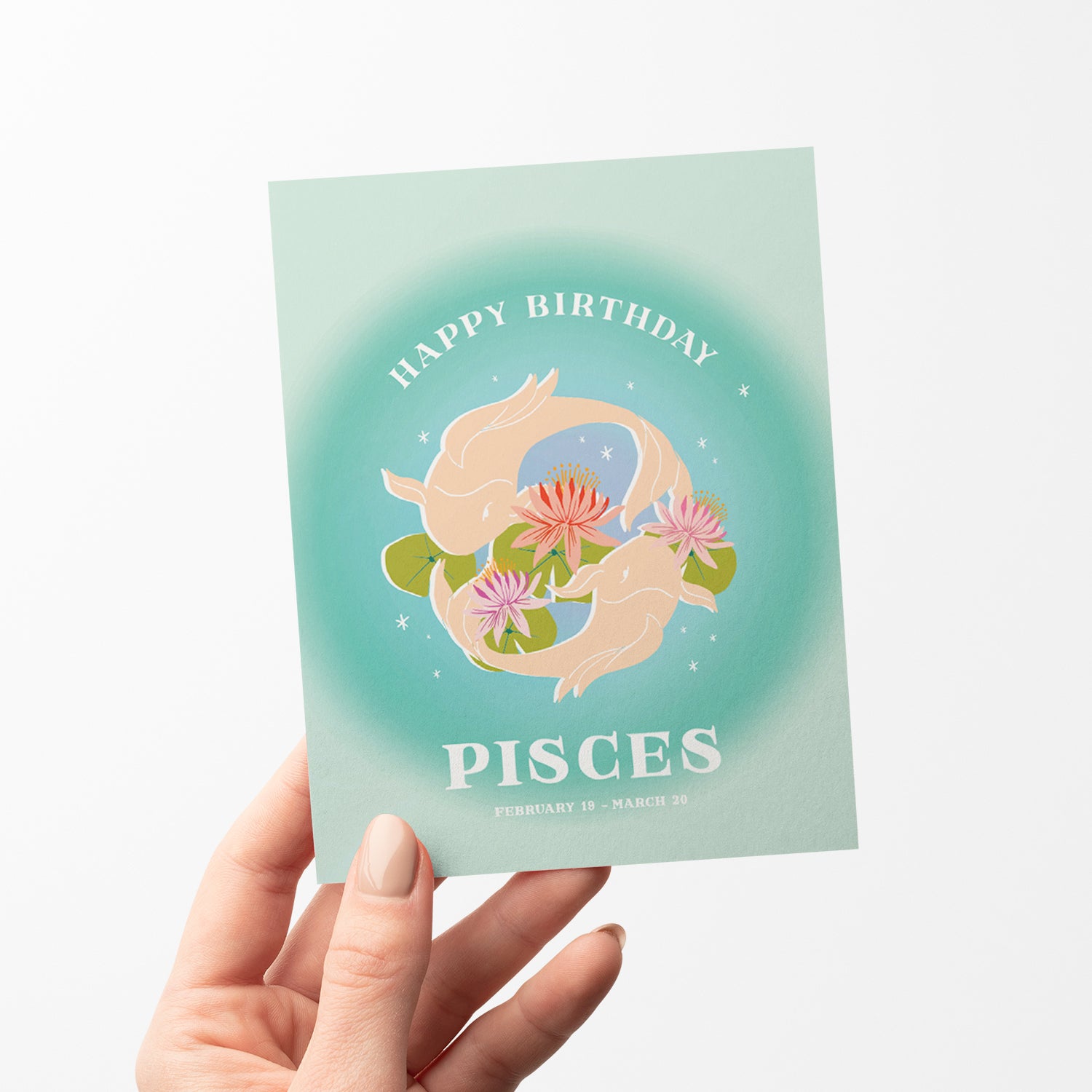 Dreamy birthday card with the Pisces symbol, featuring two fish swimming in a circle and soft greens to represent Pisces's empathy and creativity.