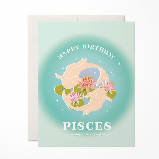 Dreamy birthday card with the Pisces symbol, featuring two fish swimming in a circle and soft greens to represent Pisces's empathy and creativity.