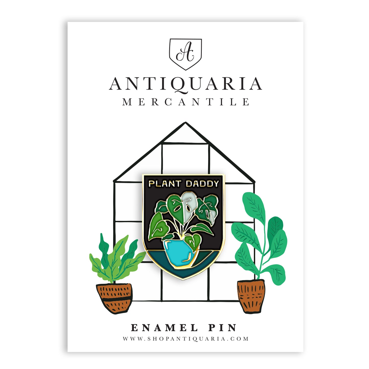 Fun house plant enamel pin with gold accents, perfect for decorating jackets, bags, or stationery items