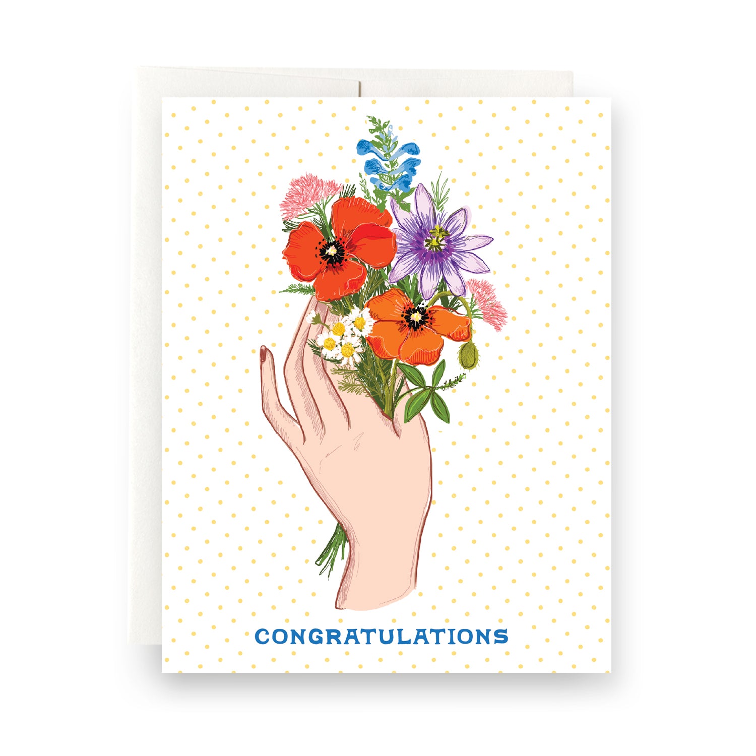 Congratulations card with gold dots and a bouquet of flowers held in a hand. Blank inside, ideal for graduations, weddings, and magical moments.