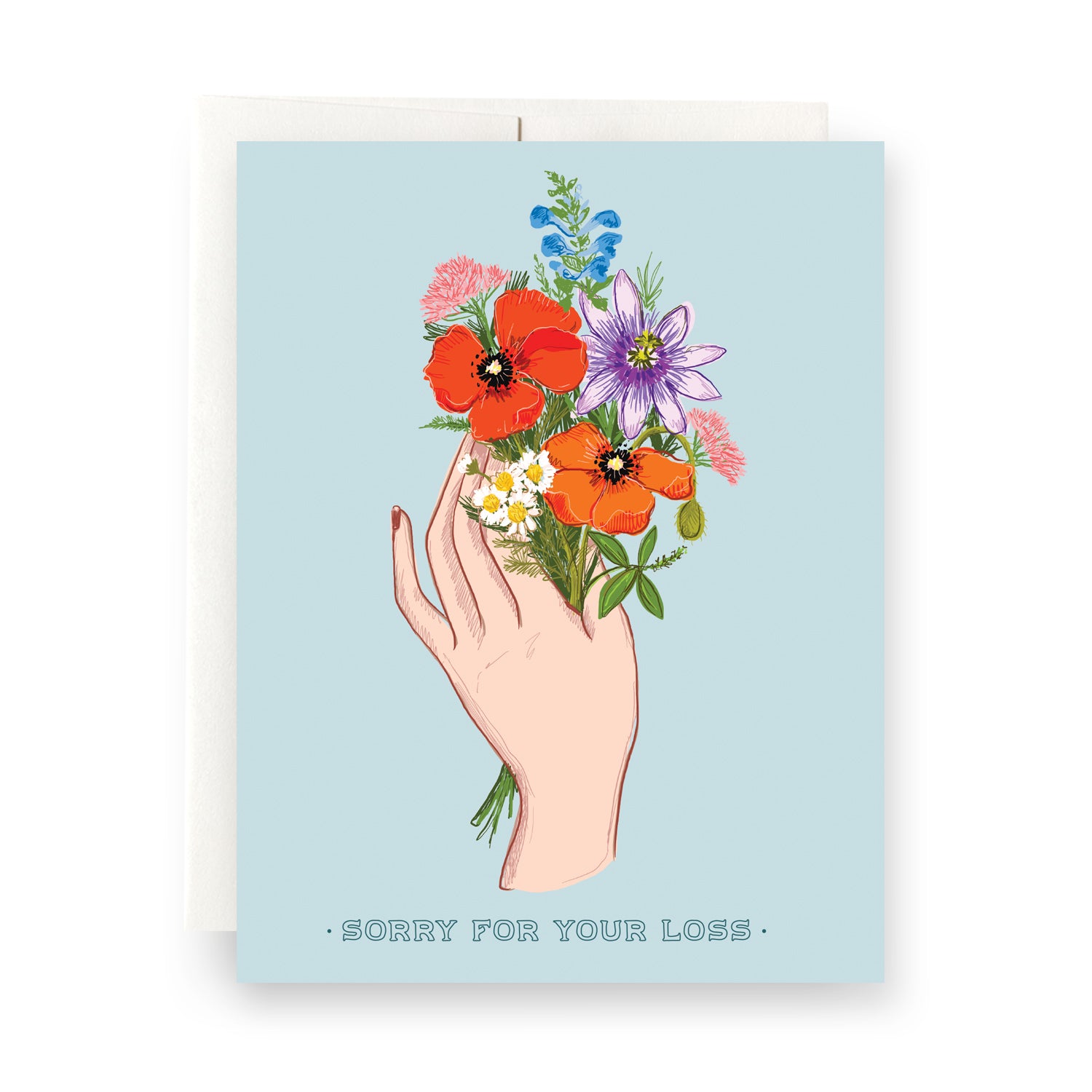 Hand holding a delicate bouquet on a blank sympathy card for loss and condolences