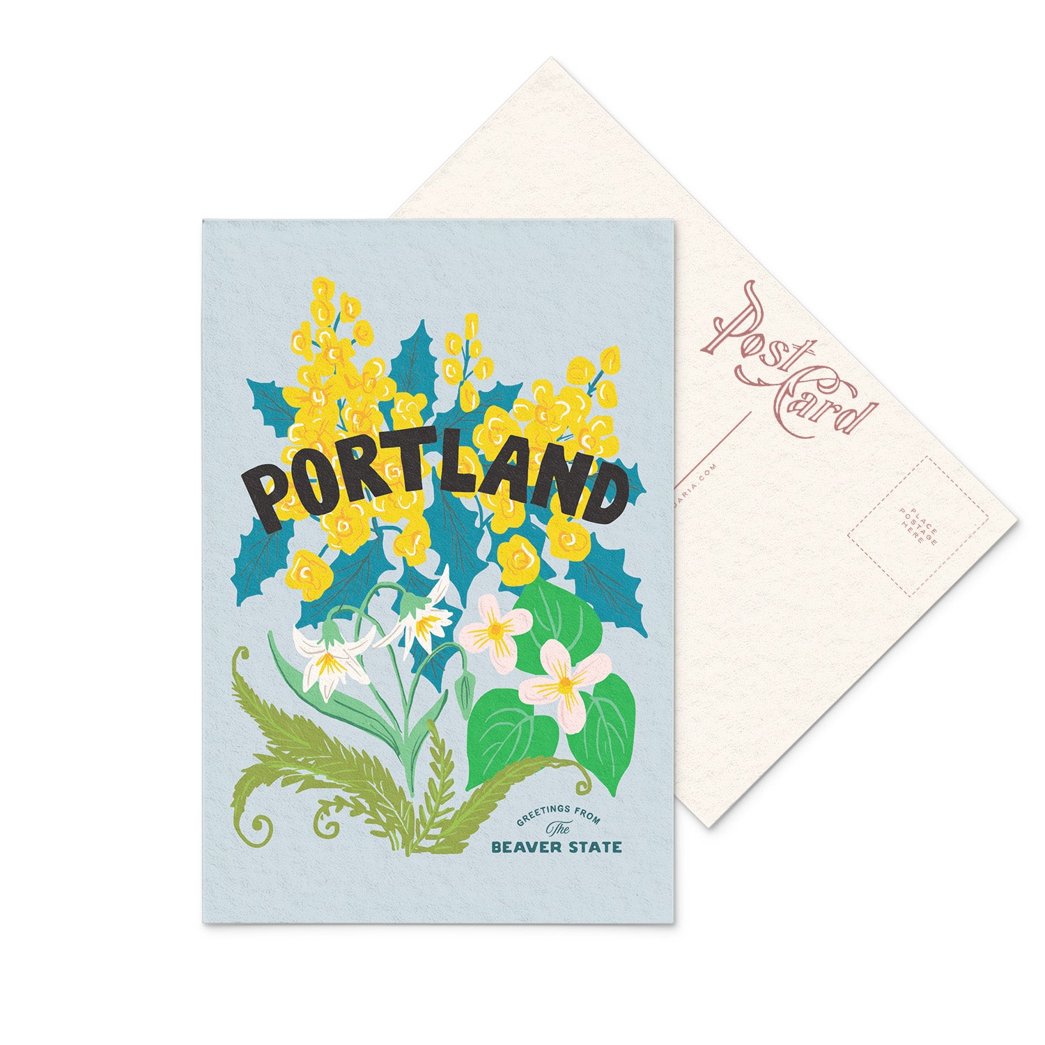 Charming Portland, Oregon postcard featuring the Oregon Grape, a bright yellow flower surrounded by green leaves.