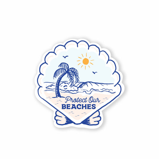 Coastal-themed sticker featuring a detailed sea shell illustration with the phrase 'Protect Our Beaches,' promoting environmental awareness; perfect for personalizing water bottles, laptops, or craft projects.