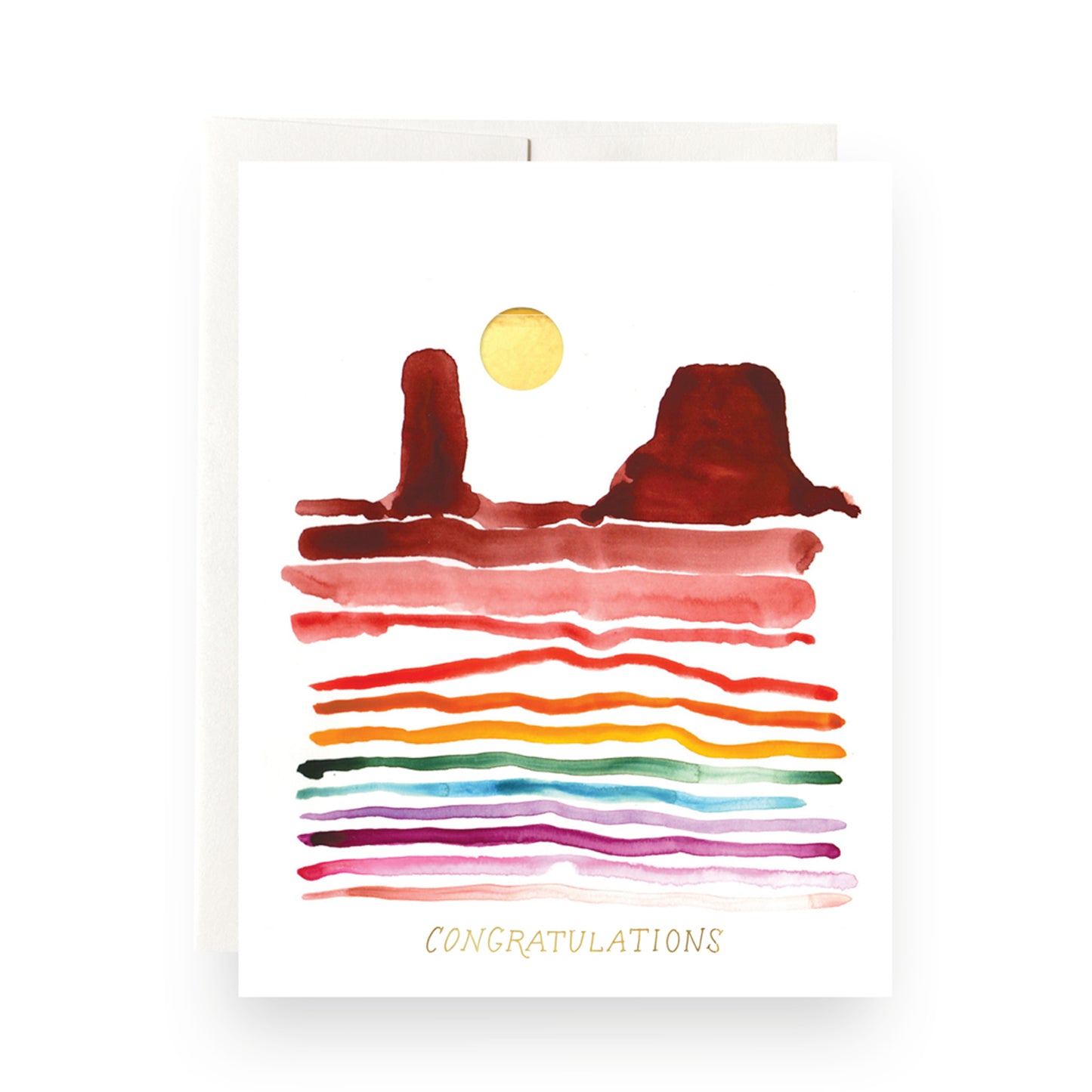 Watercolor mesa landscape card with cascading rainbow colors and the word "congrats." Blank inside for personal messages, ideal for celebrations and achievements.