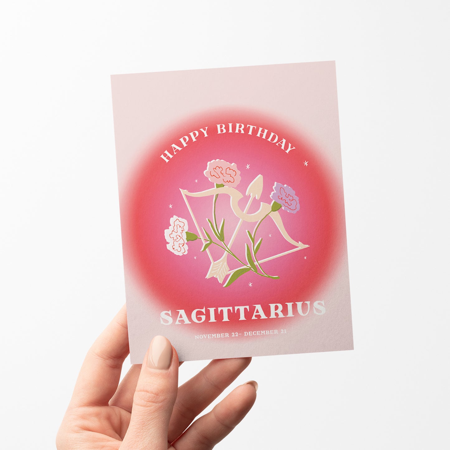 Adventurous birthday card featuring the Sagittarius symbol with an arrow motif, celebrating the free-spirited nature of Sagittarius.