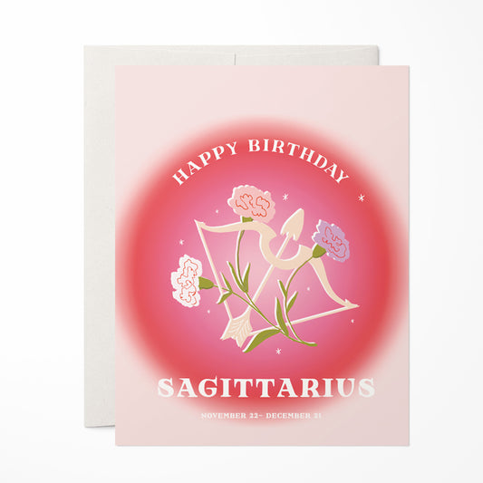 Adventurous birthday card featuring the Sagittarius symbol with an arrow motif, celebrating the free-spirited nature of Sagittarius.