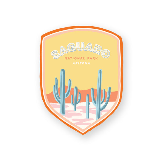 A Saguaro National Park sticker featuring iconic Saguaro Cactus, including mountains, and a desert landscape, perfect for outdoor enthusiasts and nature lovers.