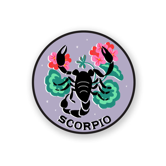 Scorpio zodiac sticker featuring a fierce scorpion design in deep shades, representing passion and resilience.