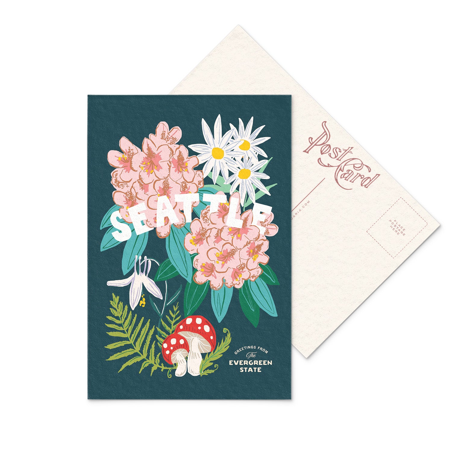 Vibrant Seattle Washington postcard highlighting the Coast Rhododendron, the state's striking pink flower along with small mushrooms and other state wildflowers.