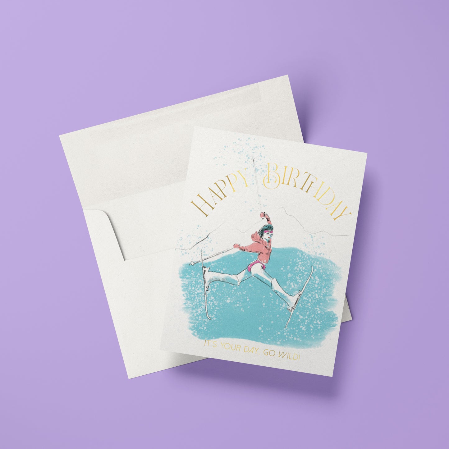 Dynamic birthday card featuring a chic skier in action, set against snowy backdrop, perfect for winter sports enthusiasts