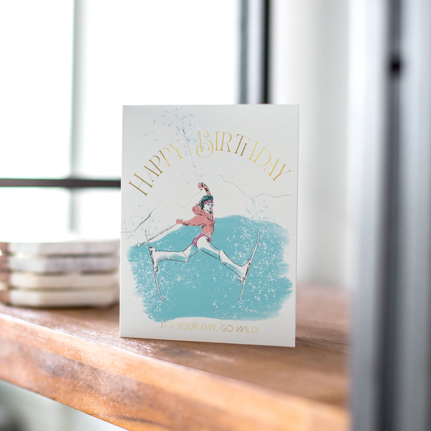 Dynamic birthday card featuring a chic skier in action, set against snowy backdrop, perfect for winter sports enthusiasts