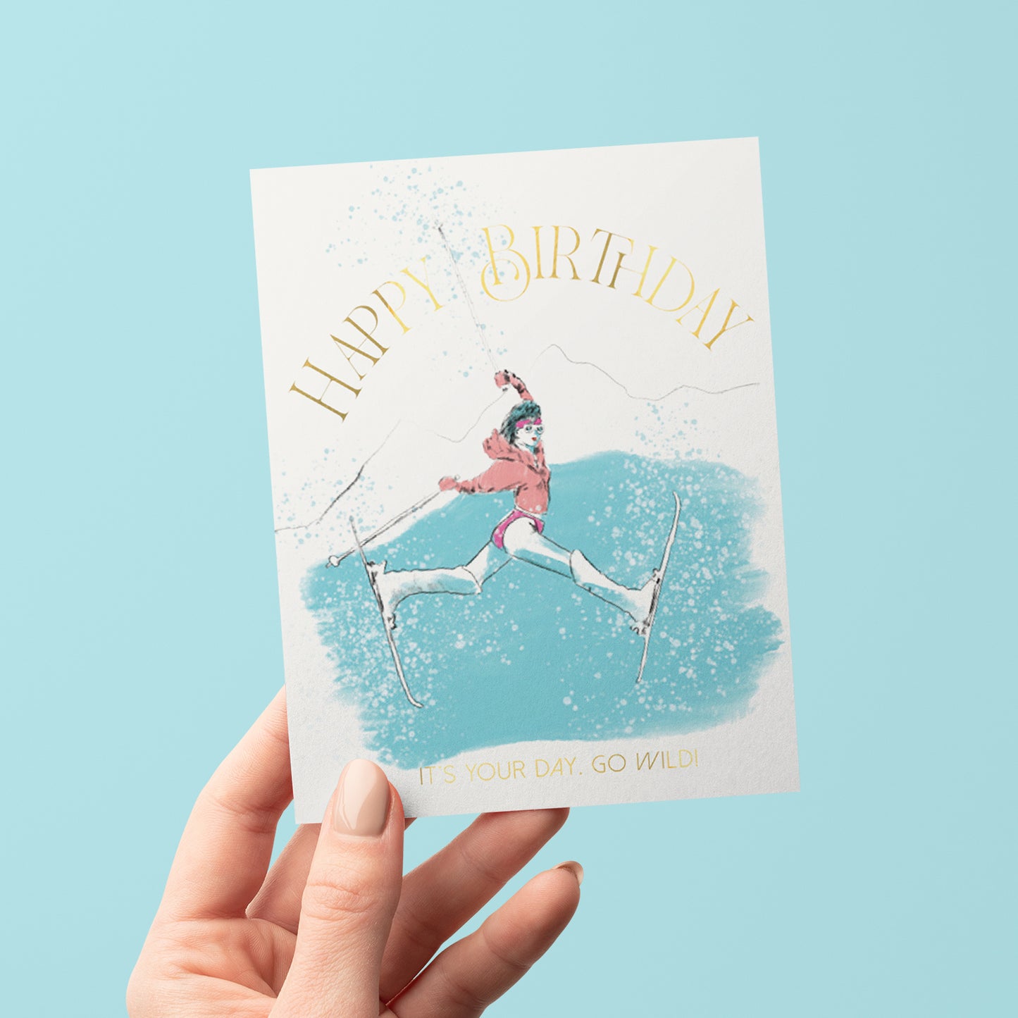 Dynamic birthday card featuring a chic skier in action, set against snowy backdrop, perfect for winter sports enthusiasts