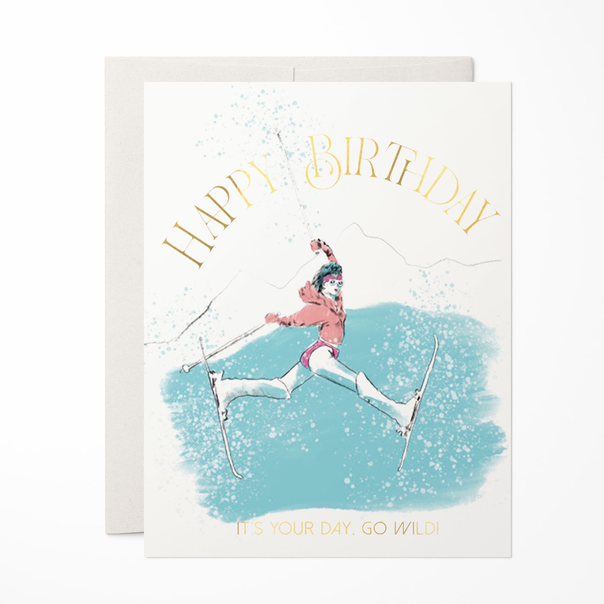 Dynamic birthday card featuring a chic skier in action, set against snowy backdrop, perfect for winter sports enthusiasts