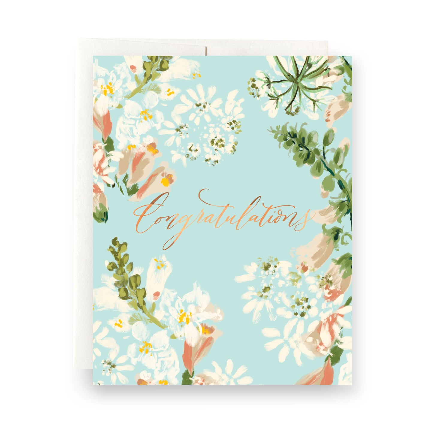 Light blue greeting card with delicate floral design and gold script "congrats." Blank interior, perfect for graduations, new jobs, or any special occasion.