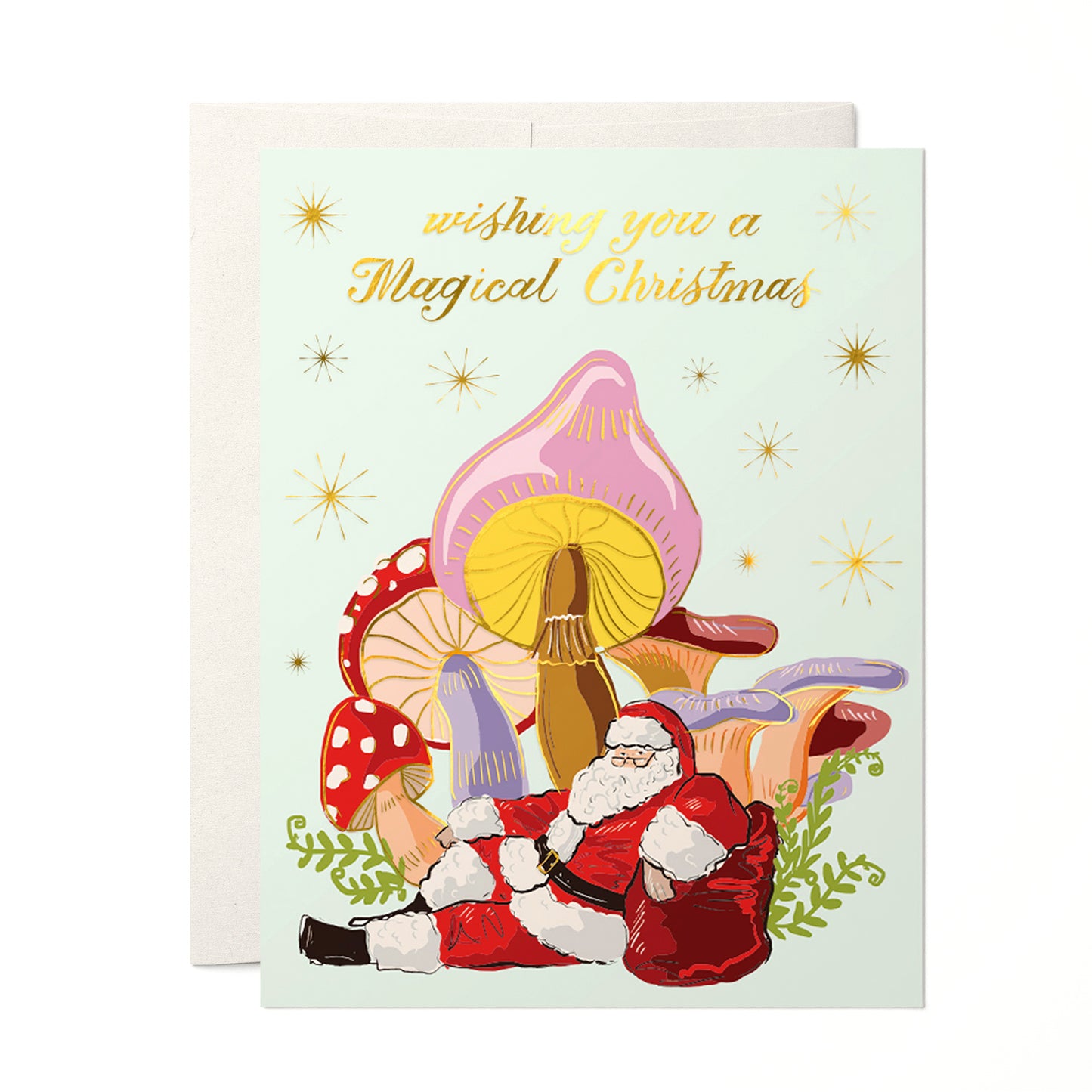 Sroomin' Santa holiday card with a whimsical Santa illustration nestled in a colorful grove of mushrooms, perfect for a playful holiday greeting, blank inside.