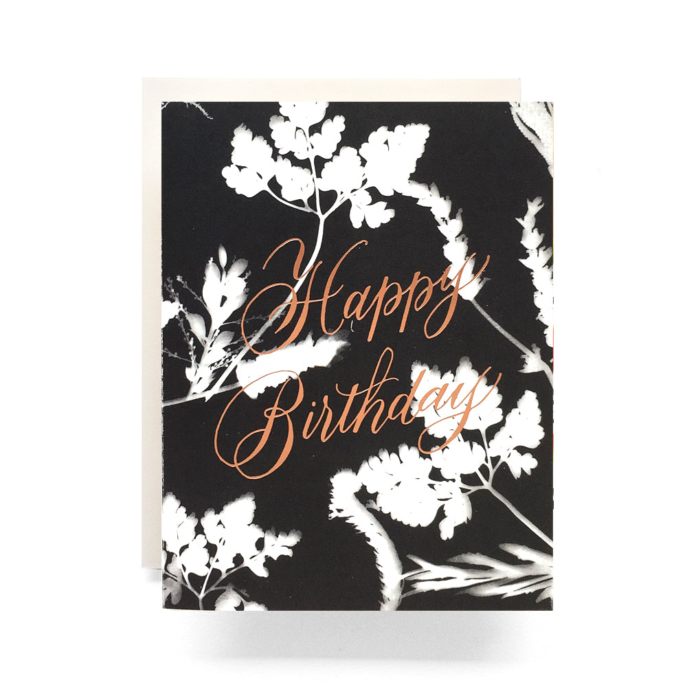 Elegant birthday card with sun print-inspired designs of leaves and flowers, creating a delicate and natural feel for the celebration.