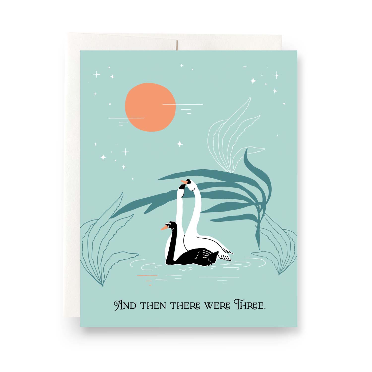 Illustration of three swans on a lake with a blank greeting card for a new baby.