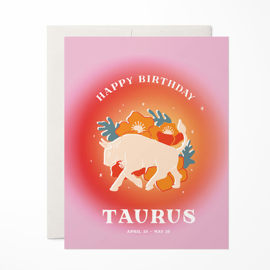 Elegant birthday card showcasing the Taurus symbol with bright reds and the taurus bull, embodying the grounded and nurturing qualities of Taurus.