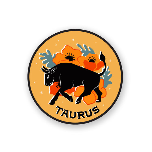 Taurus zodiac sticker showcasing a strong bull graphic in earthy tones, representing stability and reliability.