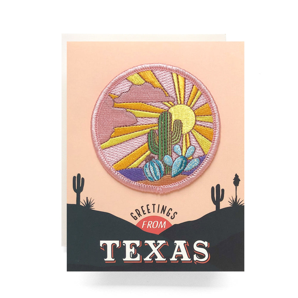 Texas Patch Card featuring a sunset cactus illustration and iron-on patch, ideal for sending Texas greetings or as a collectible item