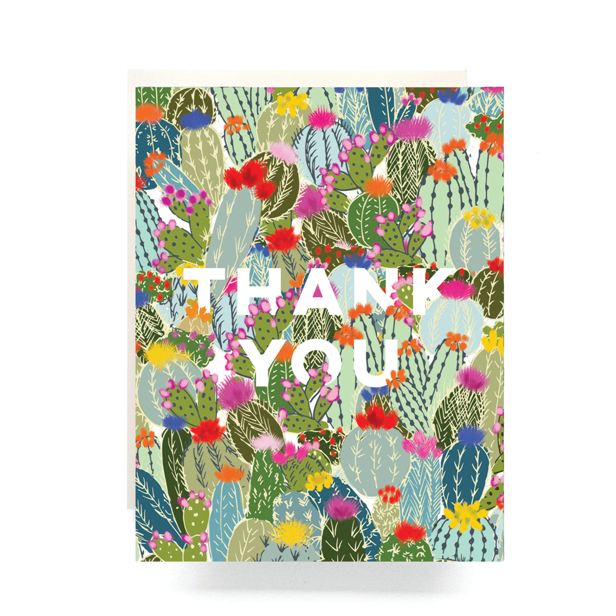 Thank you card with multiple colorful cactus illustrations in a lively pattern and bold type face