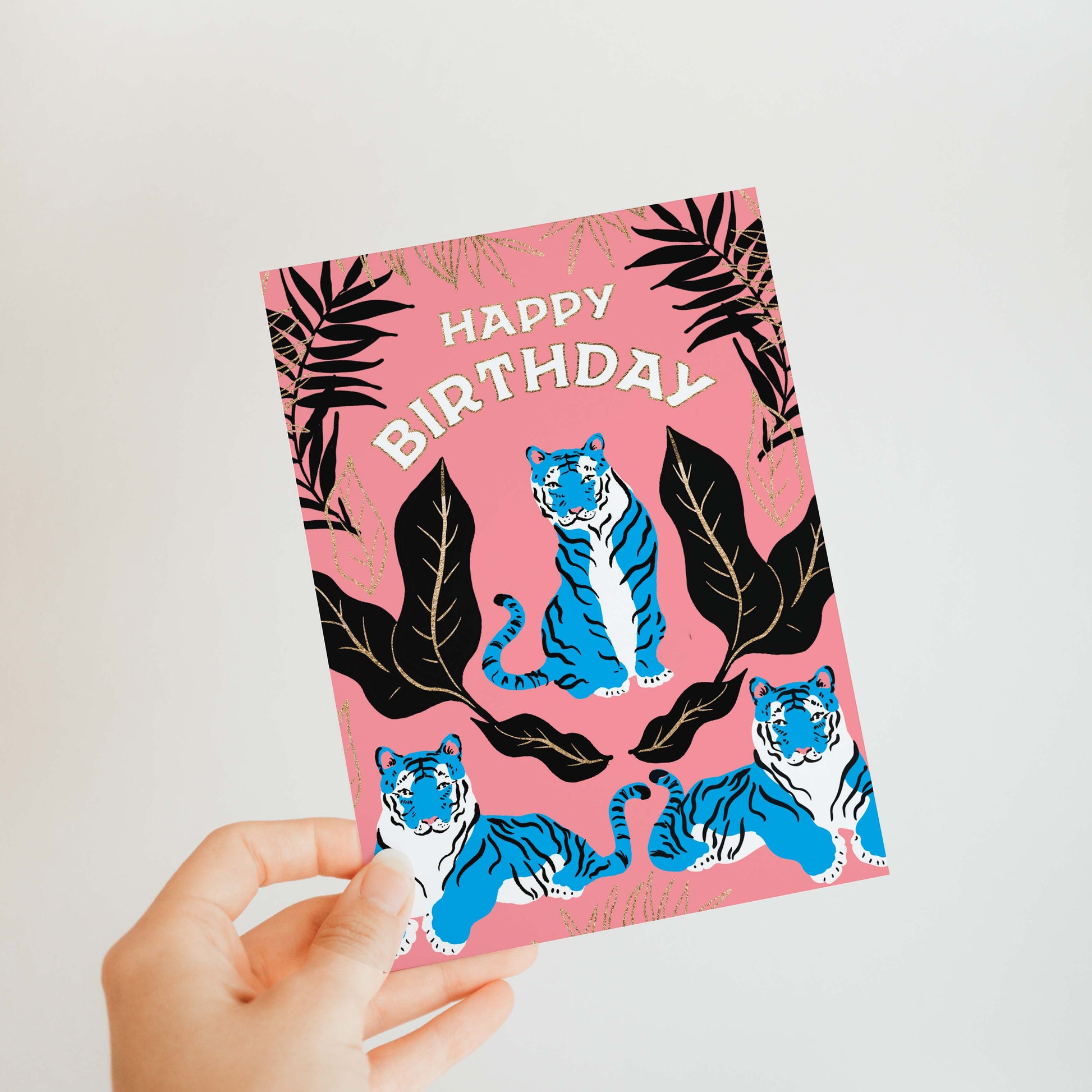 Bold birthday card with a striking tiger illustration, celebrating the fierce and adventurous spirit of the birthday person.