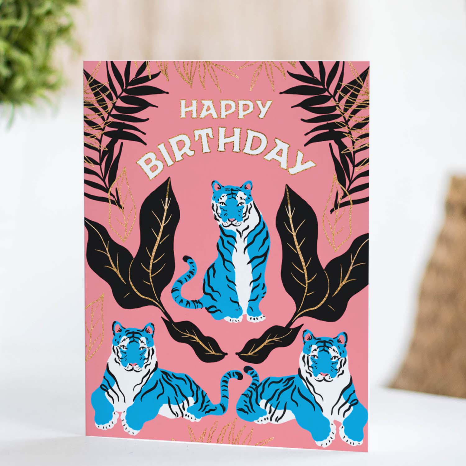 Bold birthday card with a striking tiger illustration, celebrating the fierce and adventurous spirit of the birthday person.