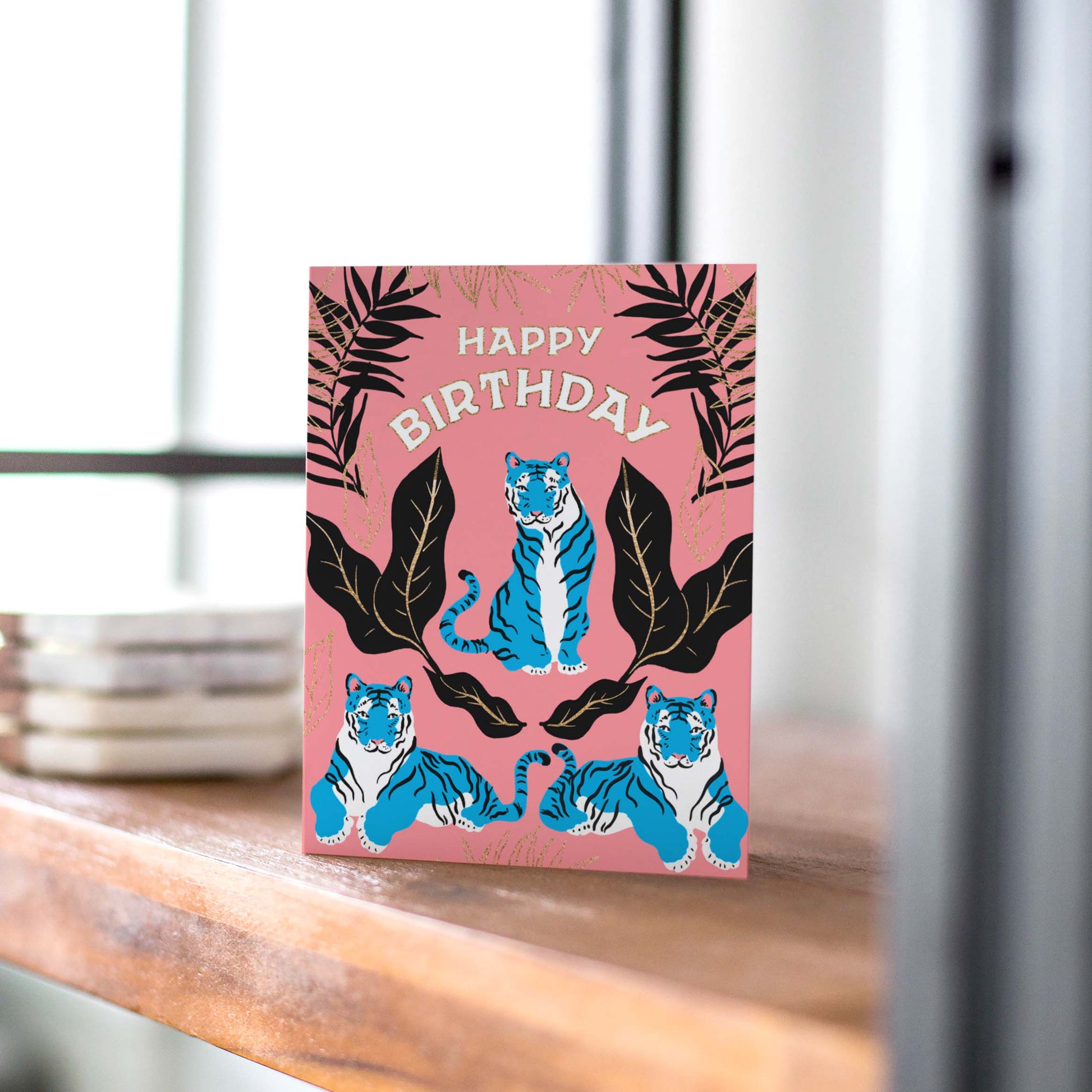 Bold birthday card with a striking tiger illustration, celebrating the fierce and adventurous spirit of the birthday person.