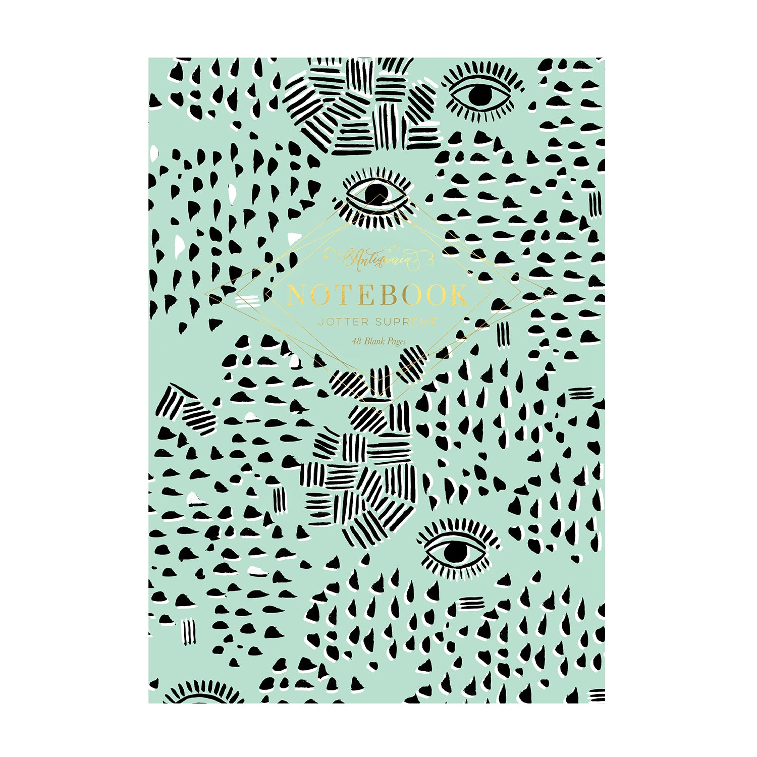 Teal and black softcover staple-bound notebook featuring a tribal design. Blank interior pages. 