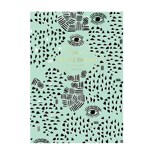 Teal and black softcover staple-bound notebook featuring a tribal design. Blank interior pages. 