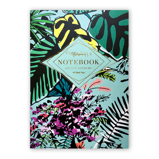 Brightly colored softcover staple-bound notebook featuring a tropical plant design. Blank interior pages. 