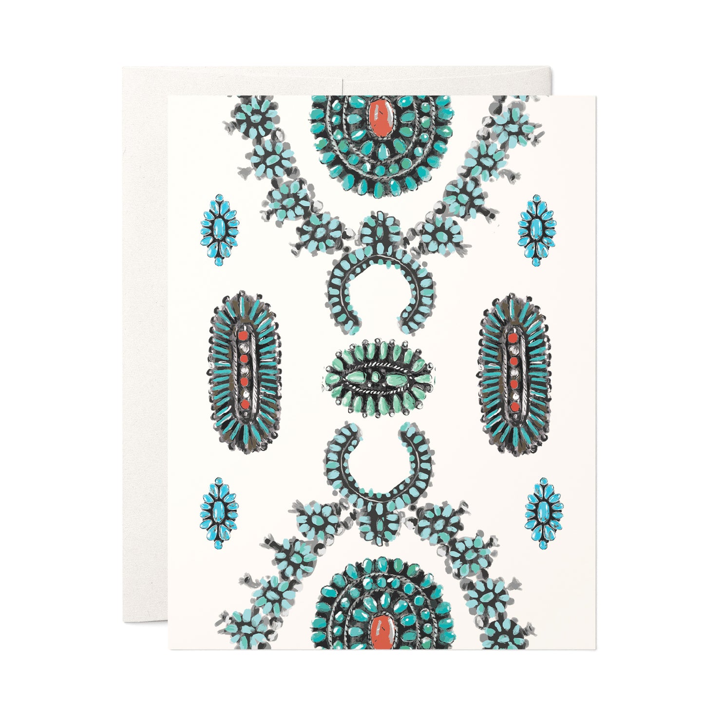 Blank card featuring turquoise squash blossom jewelry illustration, ideal for any occasion.