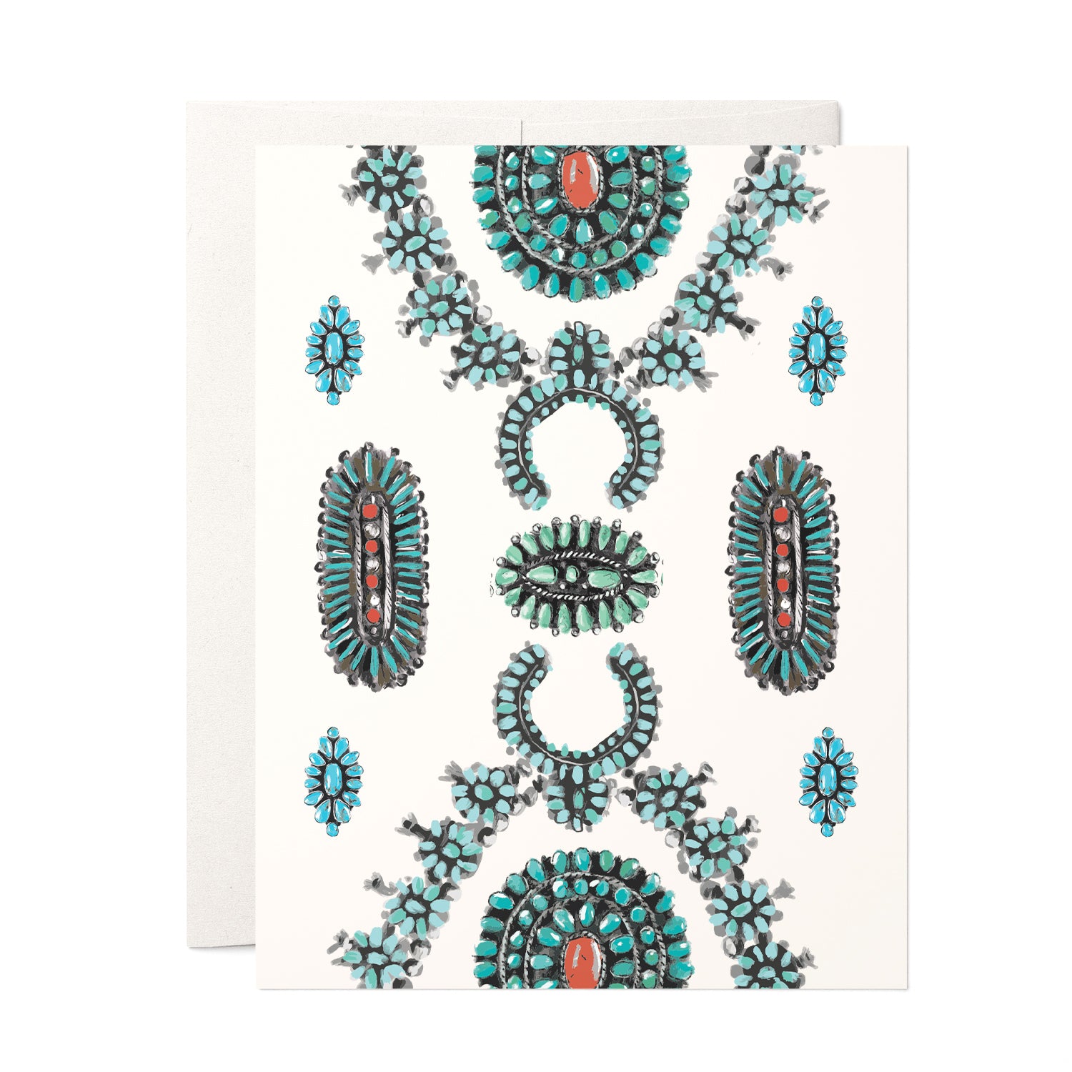 Blank card featuring turquoise squash blossom jewelry illustration, ideal for any occasion.