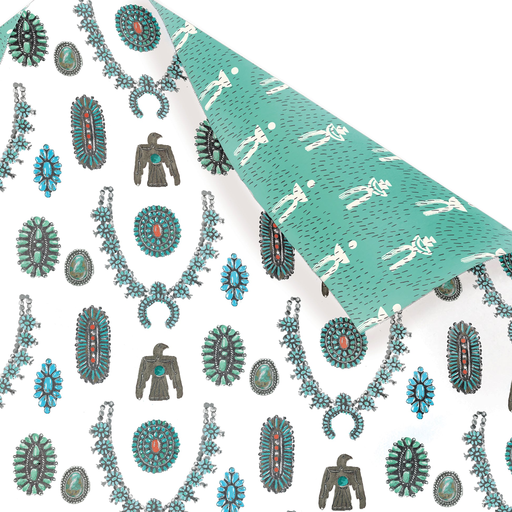 Recycled double-sided gift wrap with modern turquoise patterns in bright colors, ideal for eco-conscious gift-giving