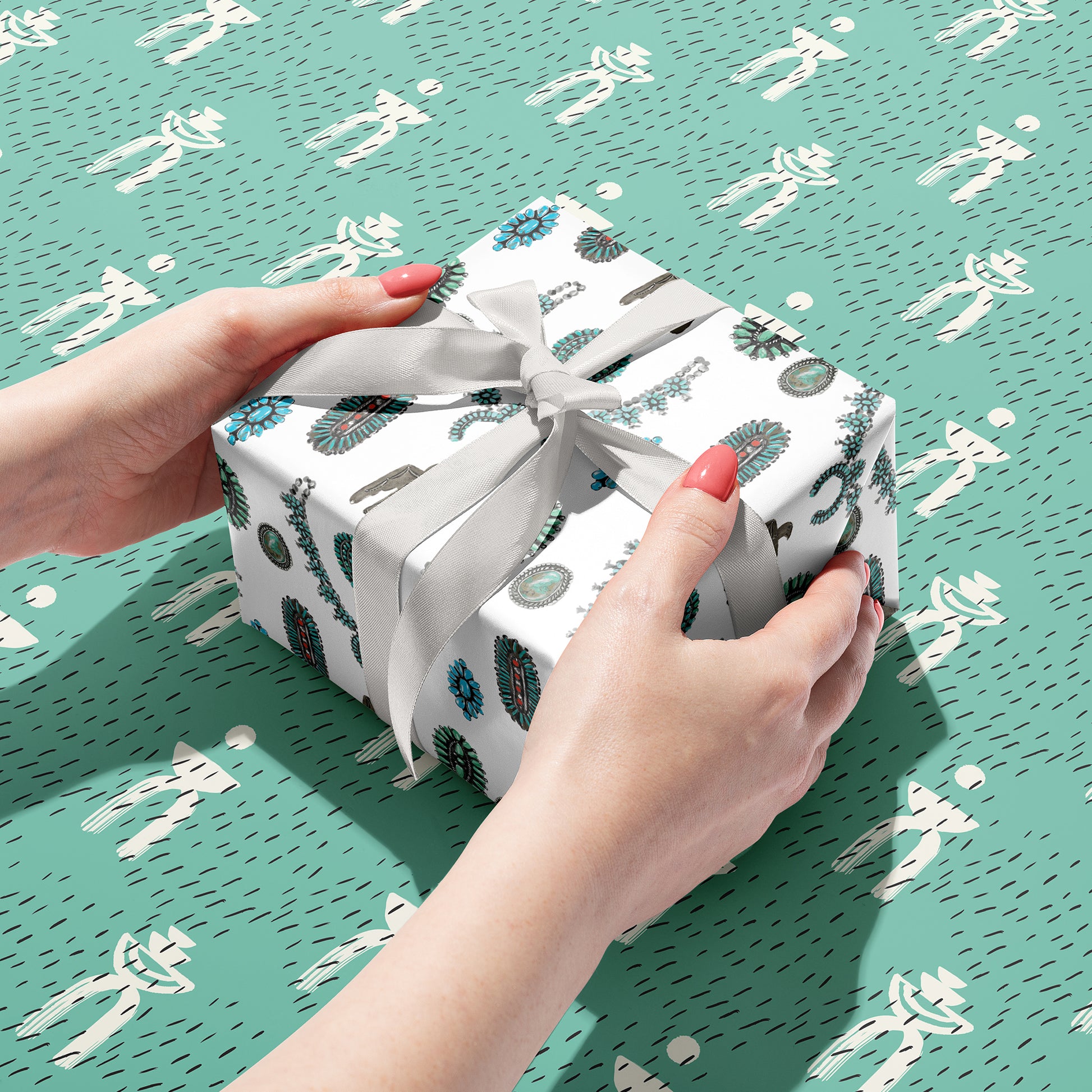 Recycled double-sided gift wrap with modern turquoise patterns in bright colors, ideal for eco-conscious gift-giving