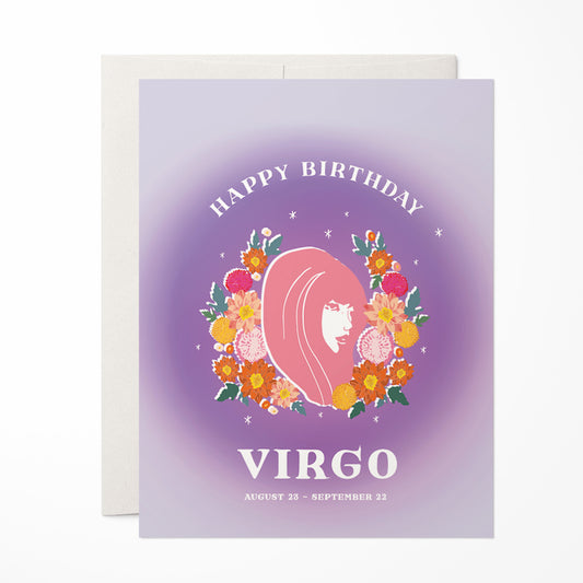 Sophisticated birthday card with the Virgo symbol and intricate floral details, representing Virgo's meticulous and thoughtful personality.