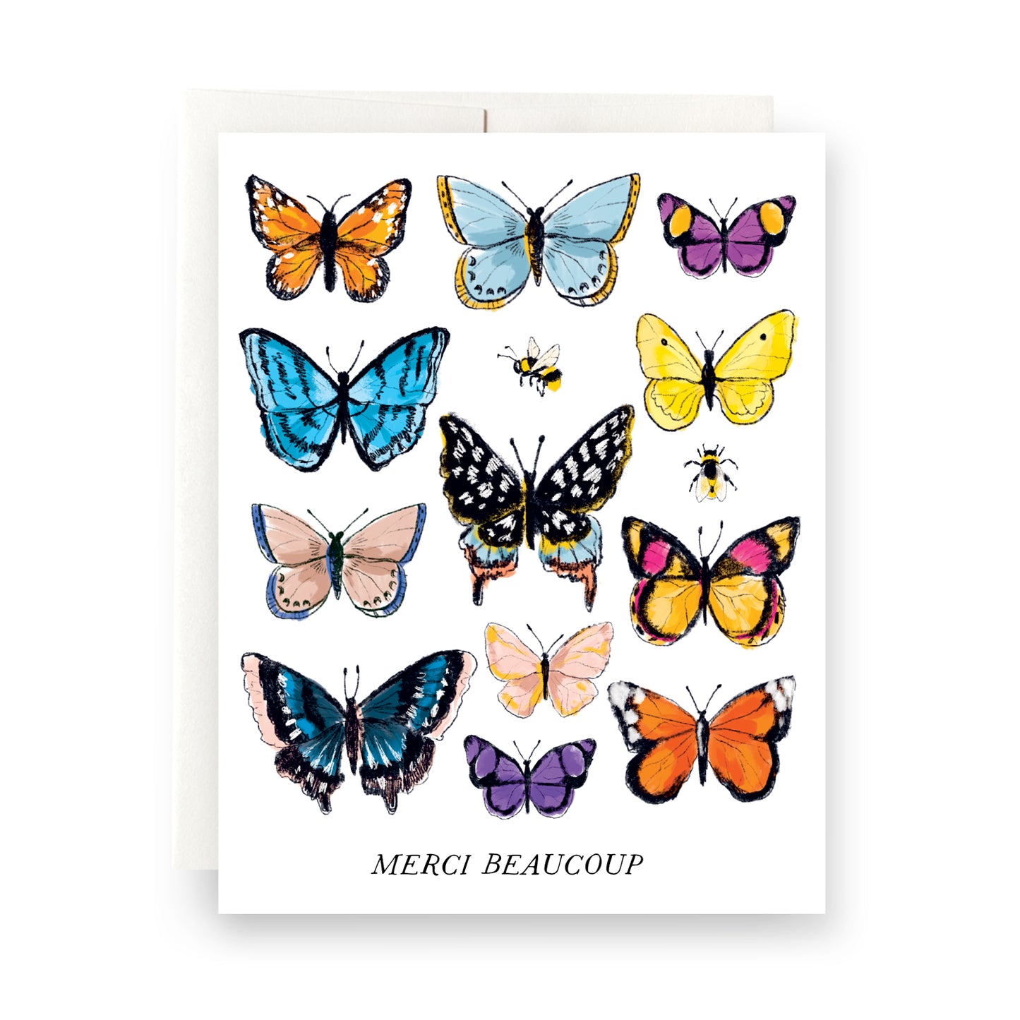 Thank you card with delicate watercolor butterflies and 'Merci beaucoup' in elegant script, perfect for any occasion