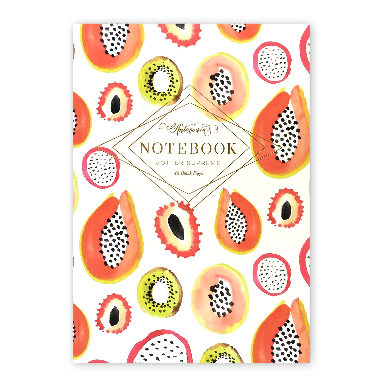 watercolor fruits adorn this adorable softcover staple-bound notebook. Blank interior pages. 